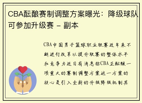 CBA酝酿赛制调整方案曝光：降级球队可参加升级赛 - 副本